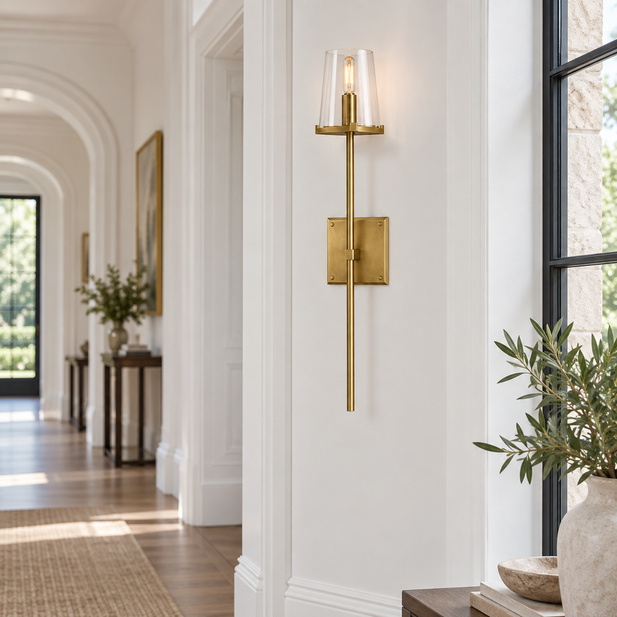 Pauillac torch wall sconce in a bright American villa hallway
