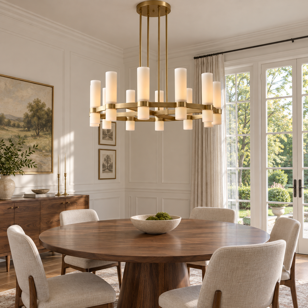 Ravelle 36-inch brass milk-glass chandelier with 12 lights above a round dining table in a sunlit villa