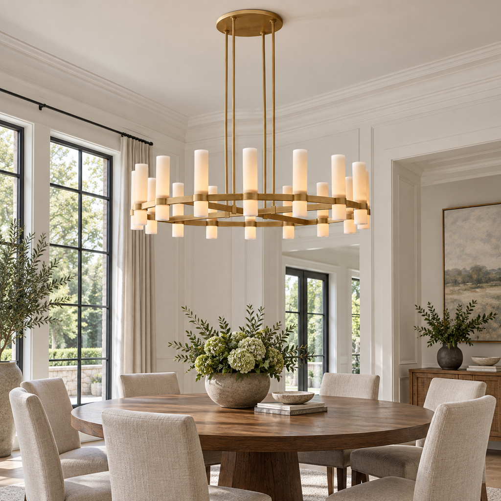 Ravelle 48-inch brass milk-glass chandelier above a round dining table in a sunlit American villa