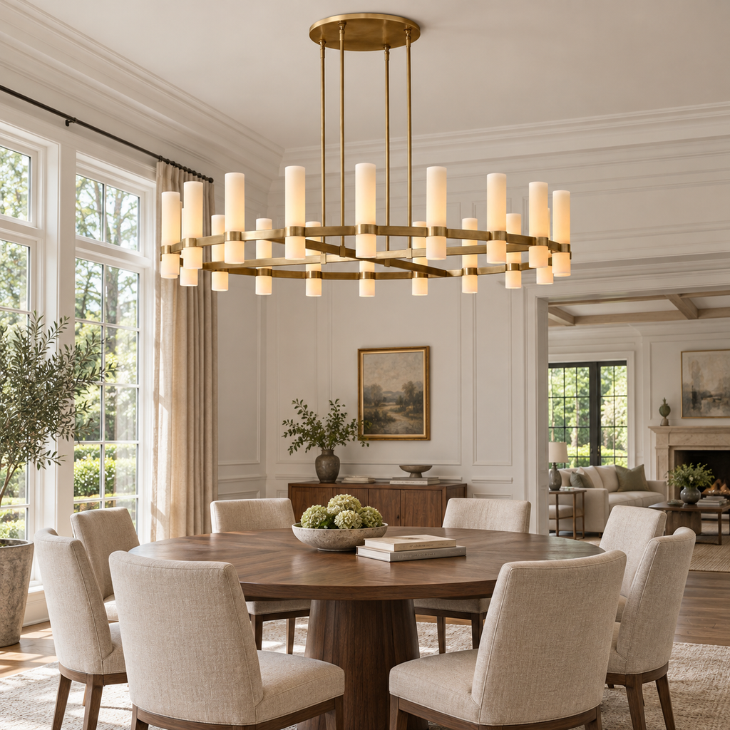 Ravelle 60-inch brass milk-glass chandelier above a large round dining table in a sunlit American villa