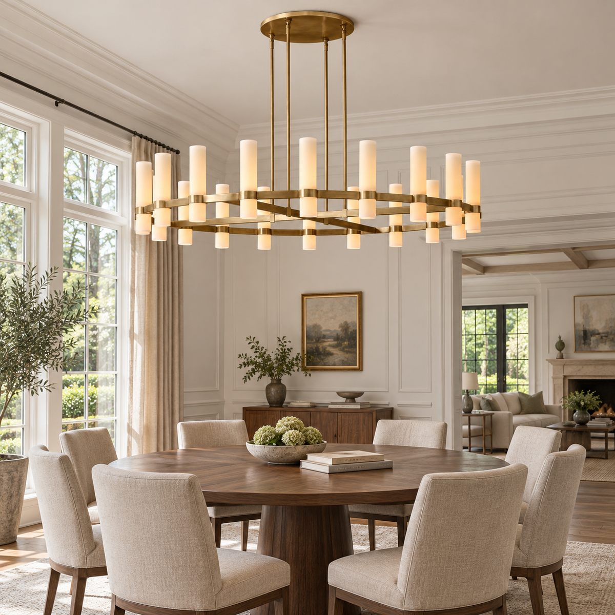 Ravelle 60-inch brass milk-glass chandelier above a large round dining table in a sunlit American villa