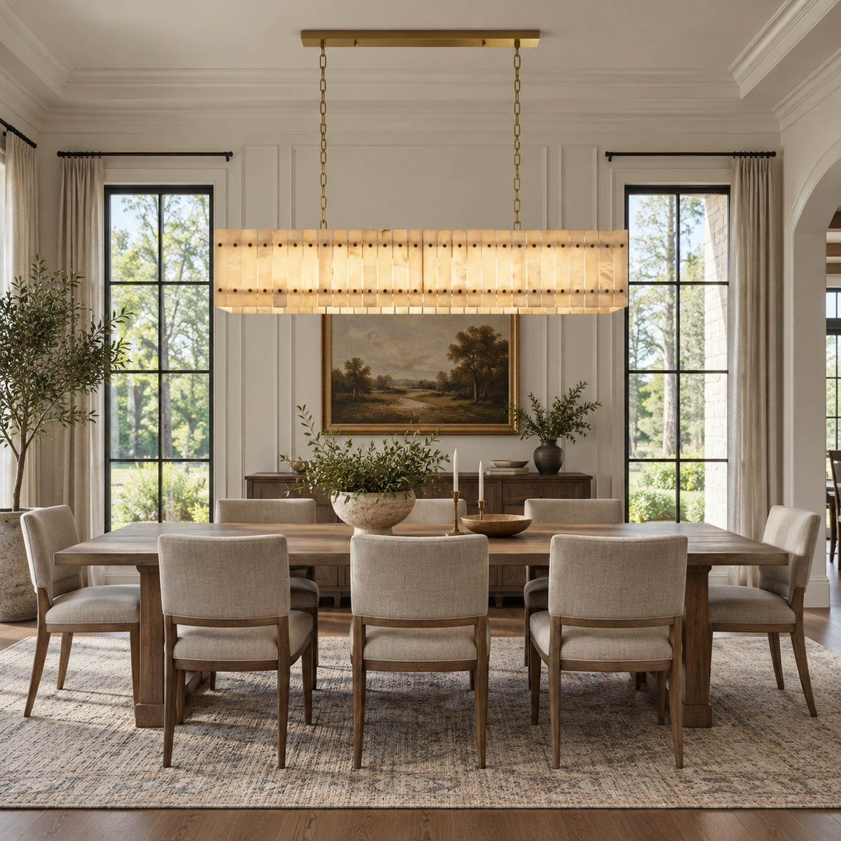 San Marco alabaster linear chandelier in an American villa dining room