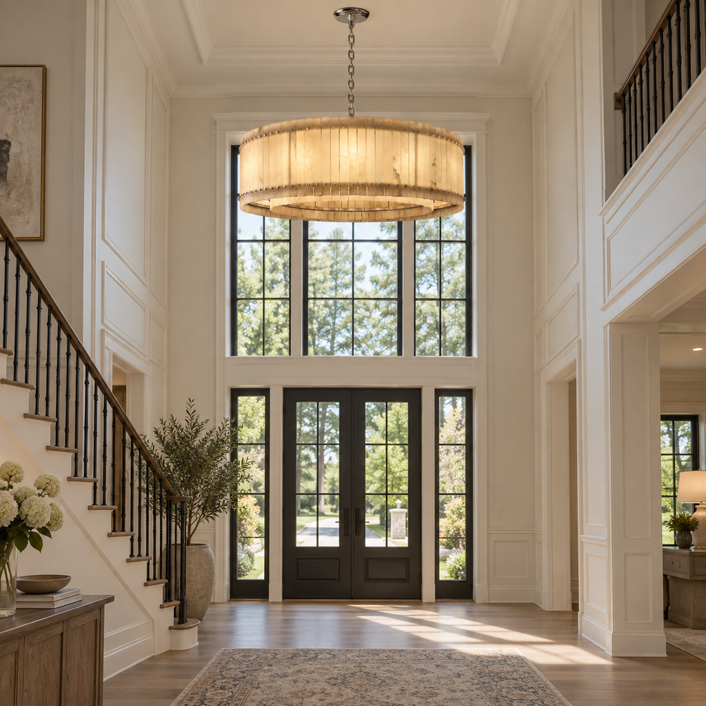 San Marco alabaster round chandelier in an American villa foyer
