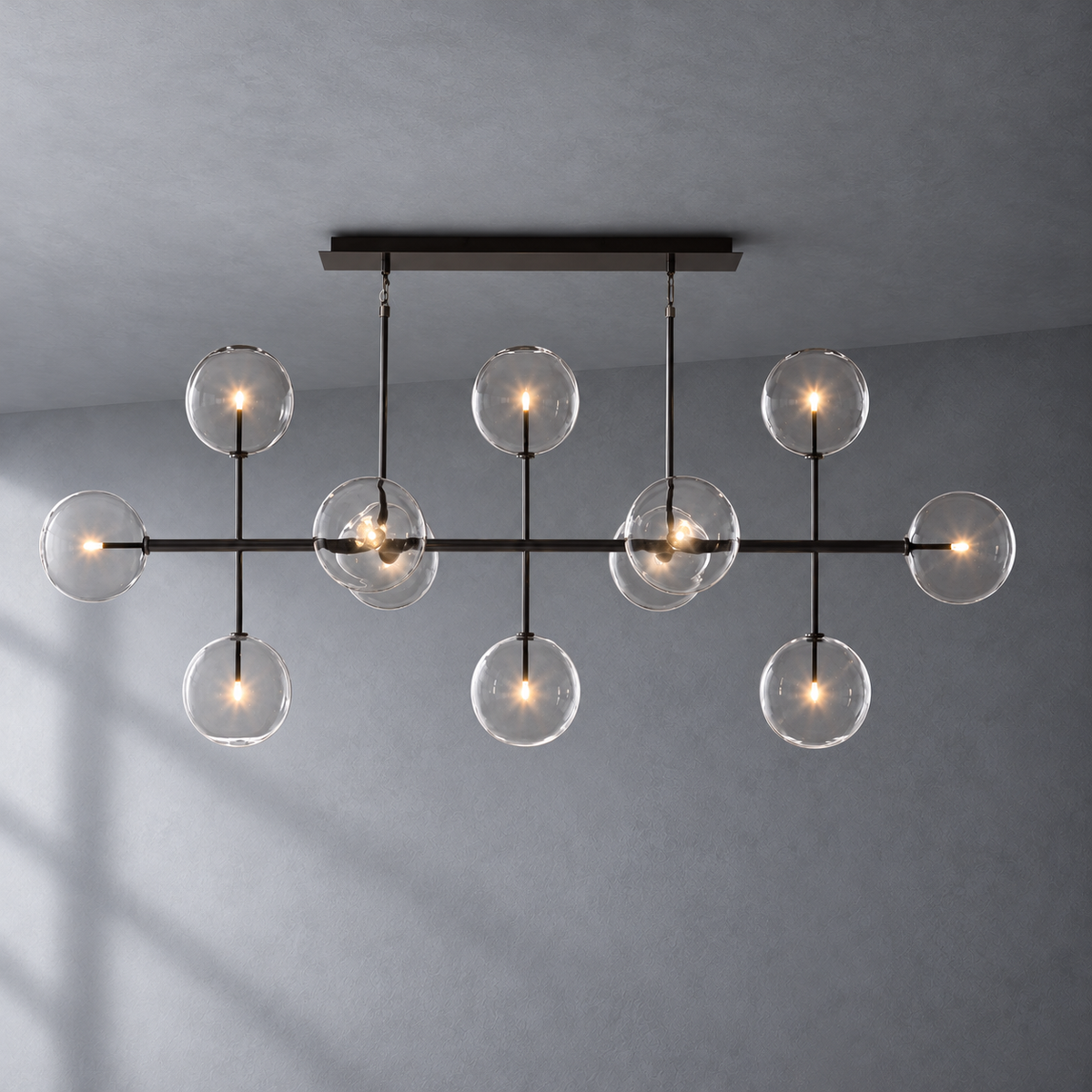 Sierra 72-inch matte black linear chandelier front product view on a textured gray background