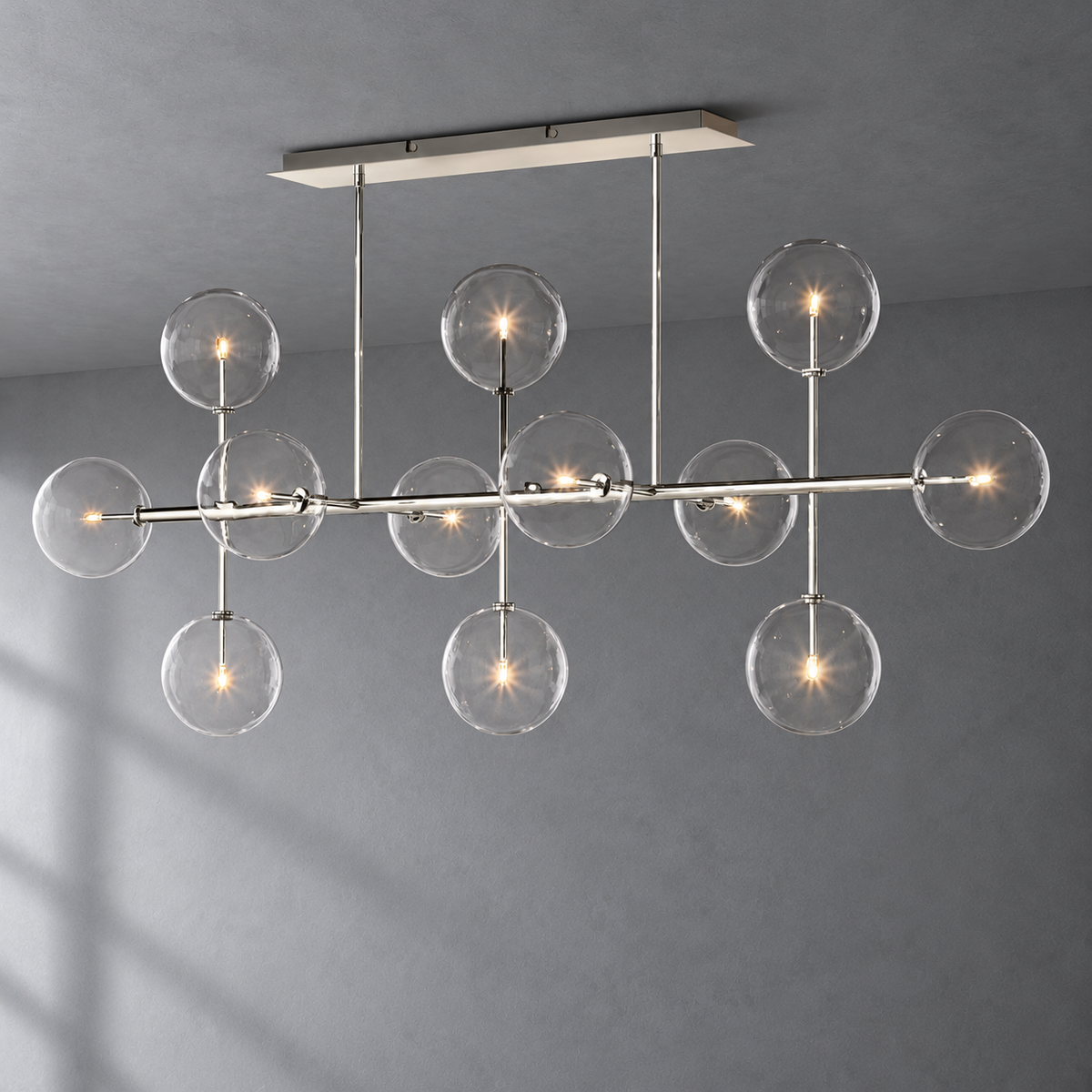 Sierra 72-inch polished nickel linear chandelier angled product view on a textured gray background