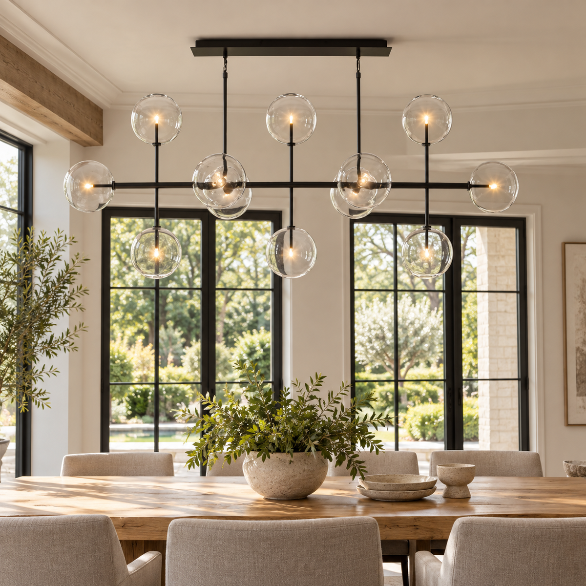 Sierra black linear globe chandelier over a dining table