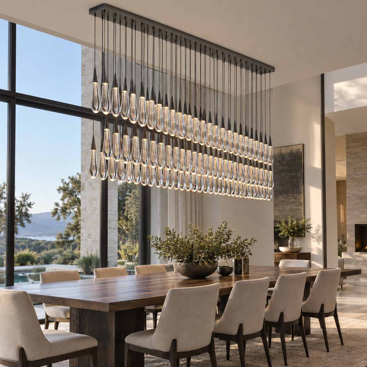Solitaire linear crystal chandelier above a villa dining table