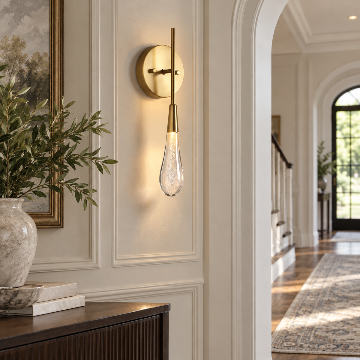 Solitaire crystal wall sconce in an American villa hallway