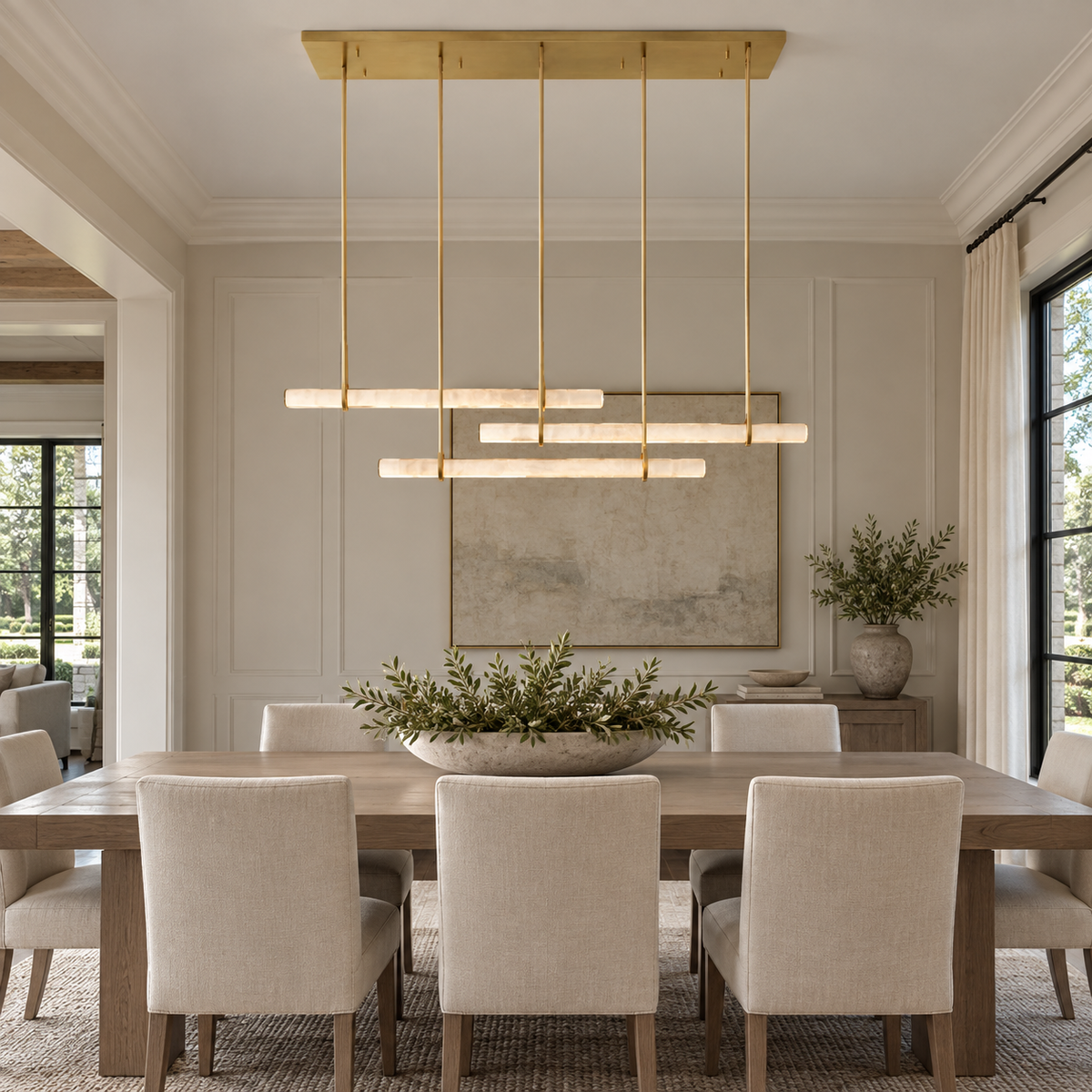 60-inch three-bar brass chandelier above a dining table in an American villa