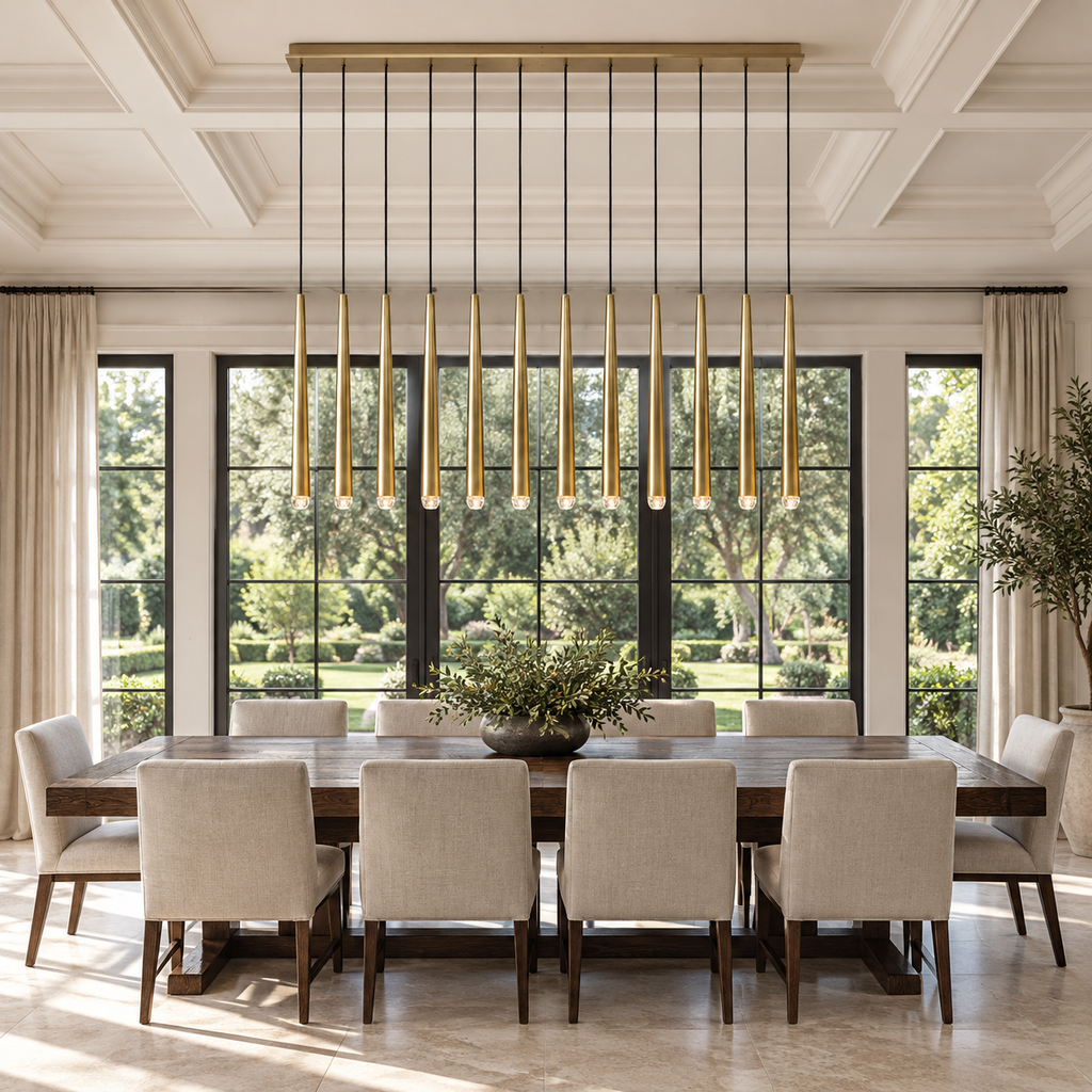 Aquitaine Linear Chandelier 60" installed in a naturally lit spacious American villa