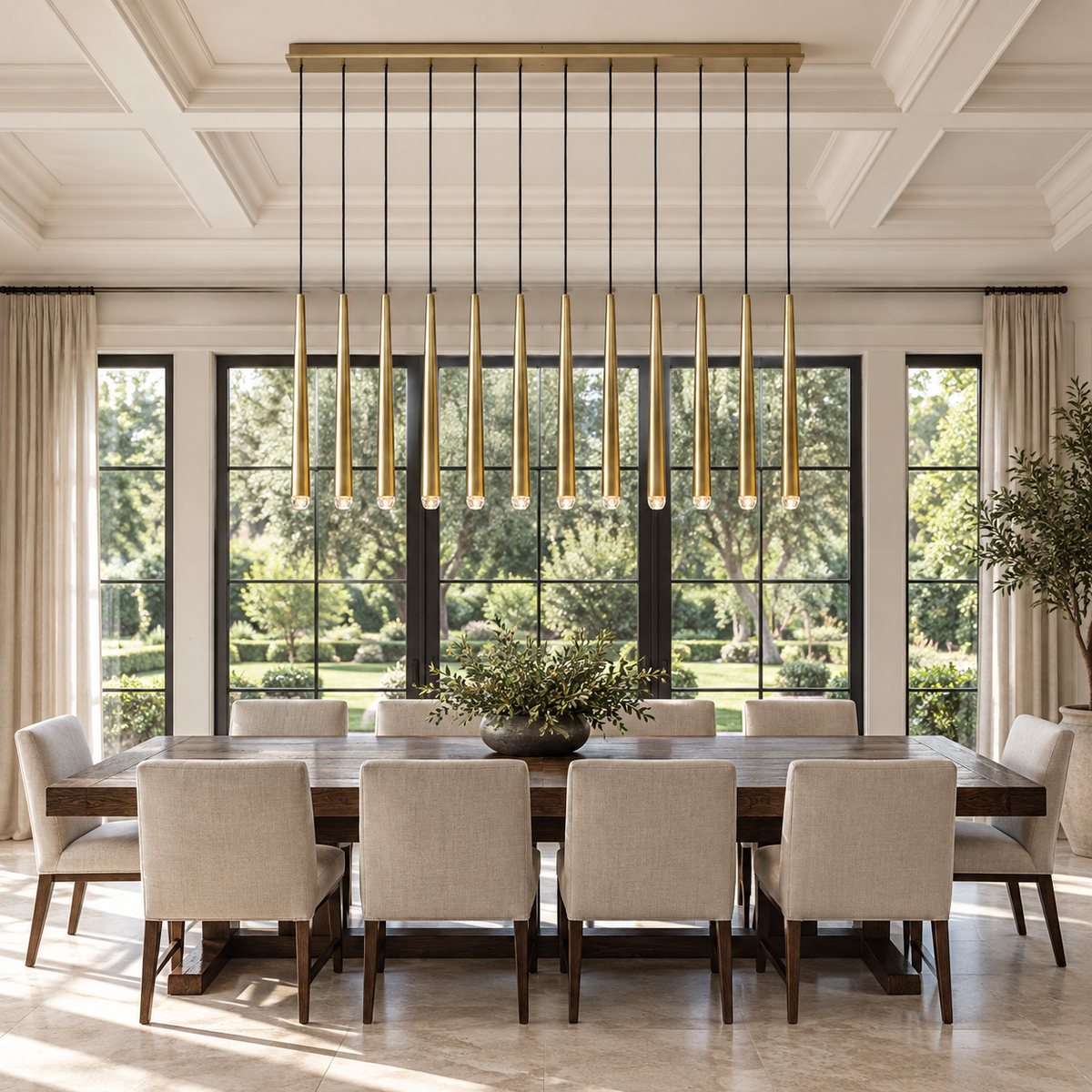 Aquitaine Linear Chandelier 60" installed in a naturally lit spacious American villa