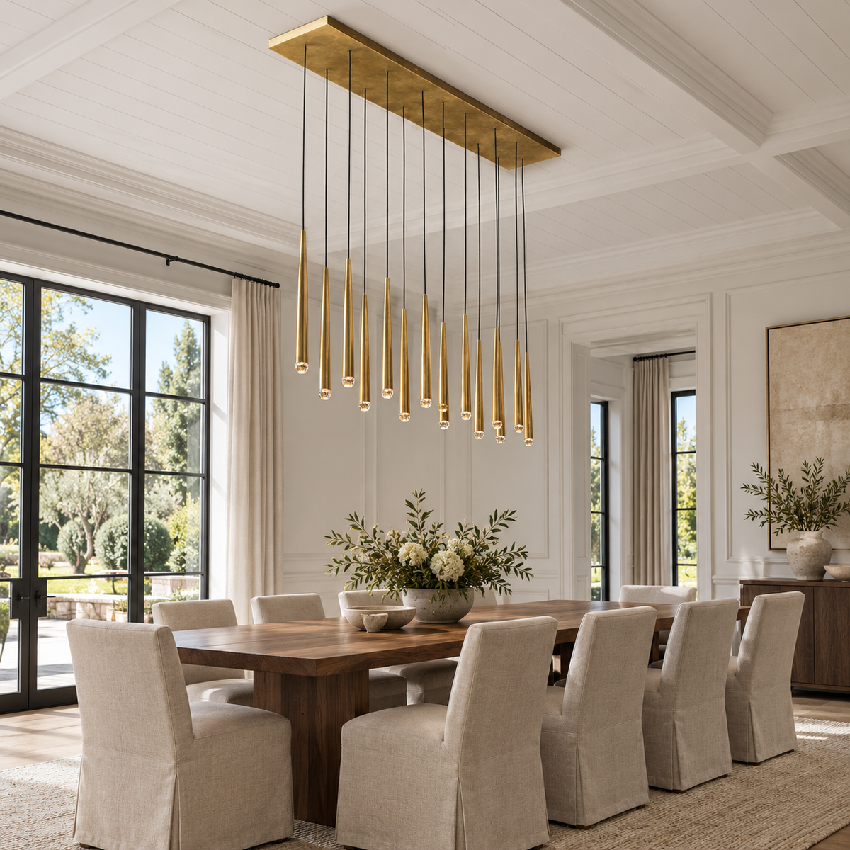 Aquitaines Linear Chandelier 72" installed in a naturally lit spacious American villa