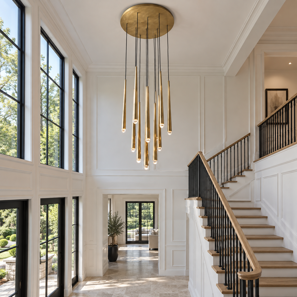 Aquitaine Round Chandelier 24" installed in a naturally lit spacious American villa