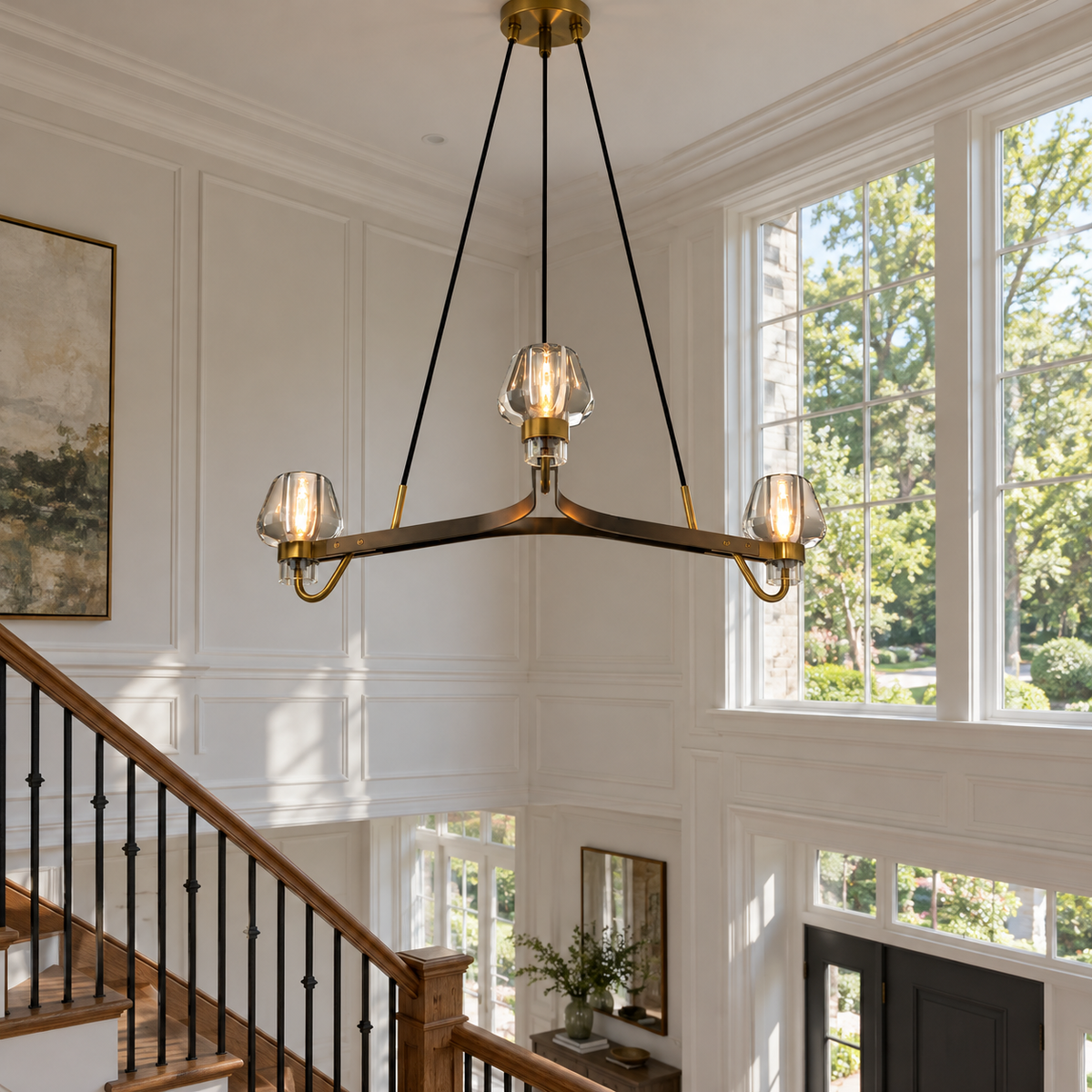 Aurora 3 Light Chandelier installed in a naturally lit spacious American villa