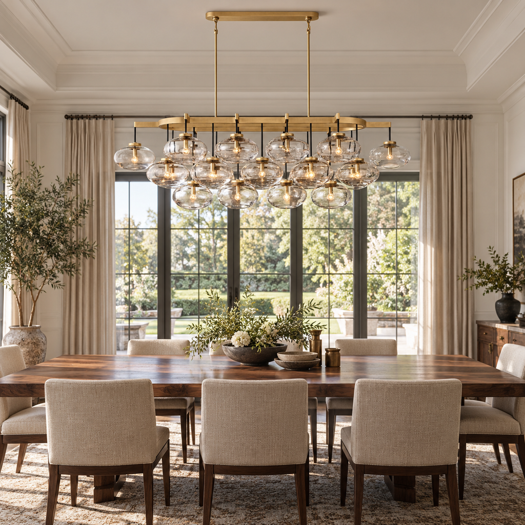 Cabrette Clear/Amber Glass Linear Chandelier 72" installed in a naturally lit spacious American villa