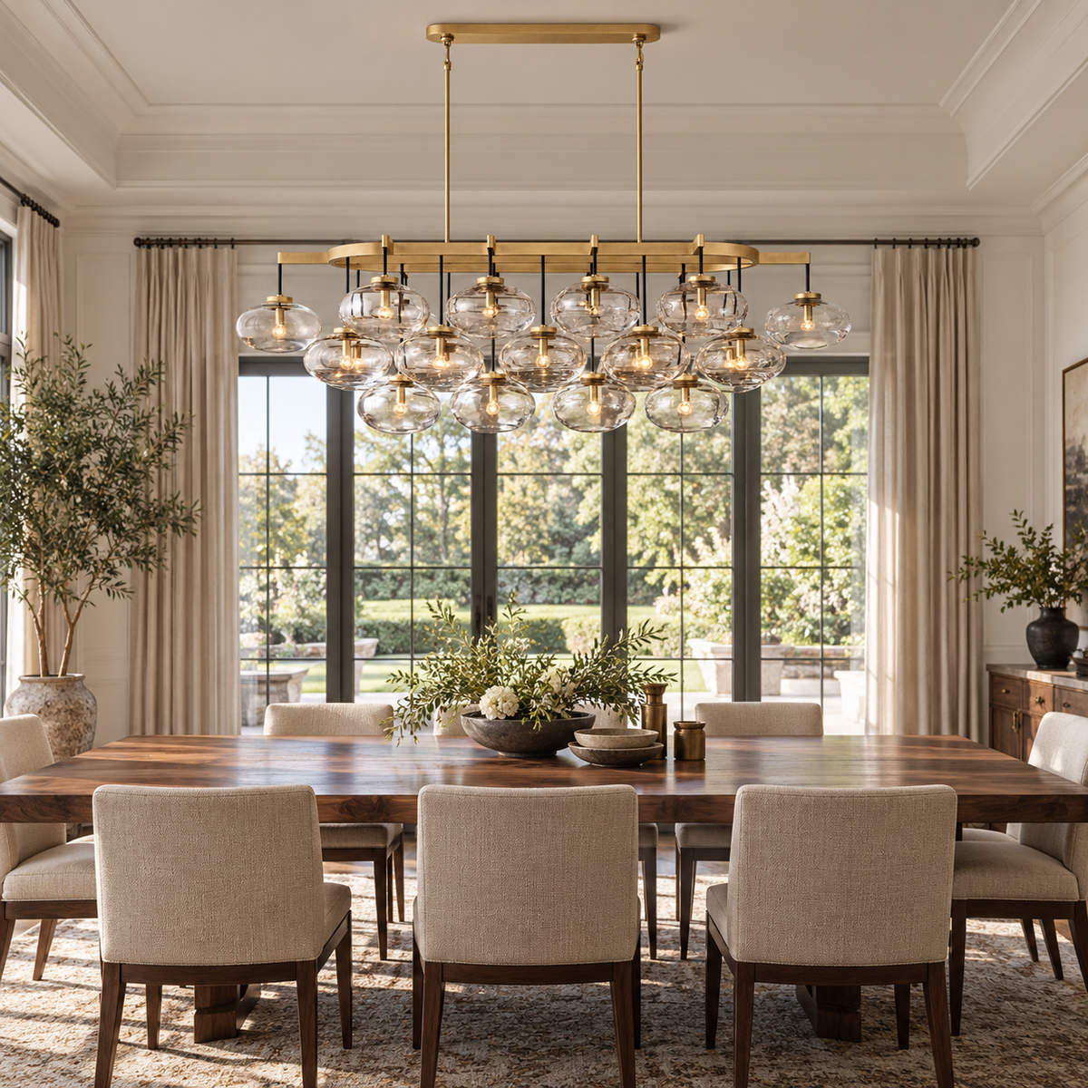 Cabrette Clear/Amber Glass Linear Chandelier 72" installed in a naturally lit spacious American villa