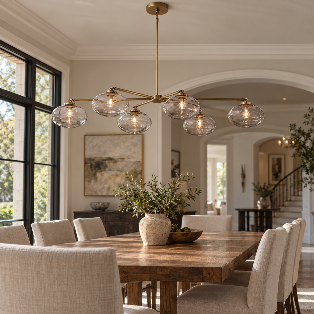 Cabrette Clear/Amber Glass Mobile Linear Chandelier 60″/72" installed in a naturally lit spacious American villa