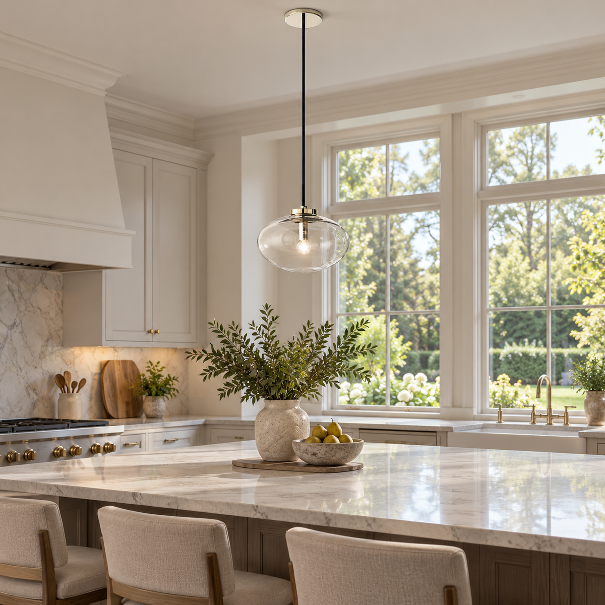Cabrette Clear/Amber Glass Pendant installed in a naturally lit spacious American villa
