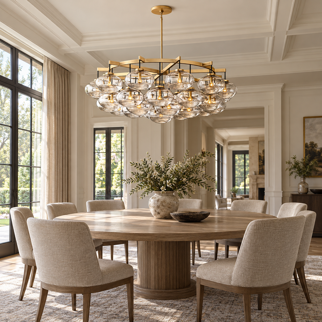 Cabrette Clear/Amber Glass Round Chandelier 60" installed in a naturally lit spacious American villa