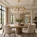 Cabrette Clear/Amber Glass Round Chandelier 60" installed in a naturally lit spacious American villa