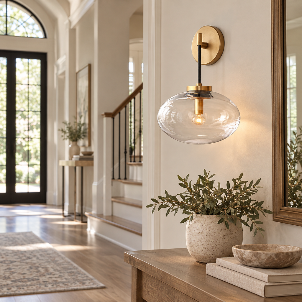 Cabrette Clear/Amber Glass Wall Sconce installed in a naturally lit spacious American villa