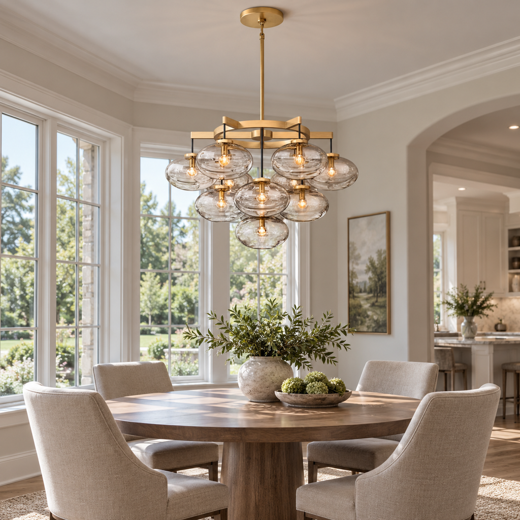 Cabrette Clear/Amber Glass Round Chandelier 36" installed in a naturally lit spacious American villa