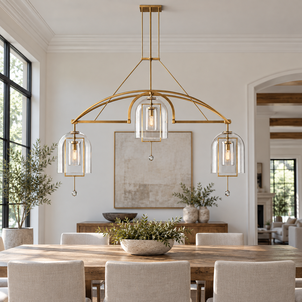 Fulcrum Linear Chandelier 73" 3-Light in a naturally lit American villa interior