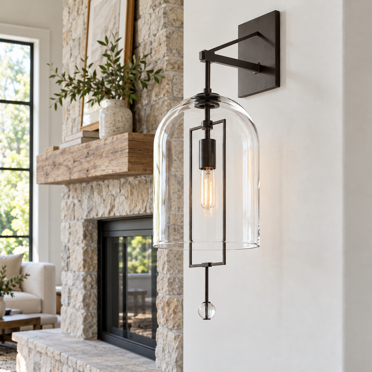 Fulcrum Brass Grand Wall Sconce 29" in a naturally lit American villa interior