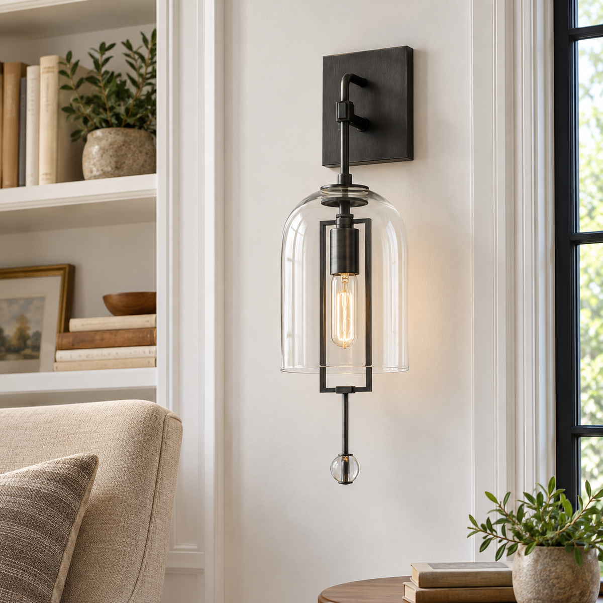 Fulcrums Brass Small Modern Wall Sconce Lighting Fixtures 24" in a naturally lit American villa interior