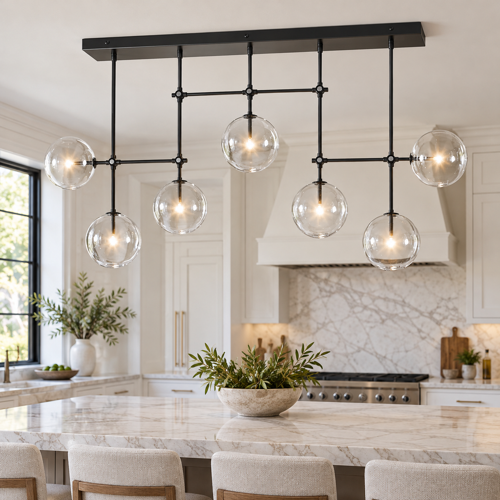 Fulcrum Glass Globe Mobile Linear Chandelier 60" in a naturally lit American villa interior