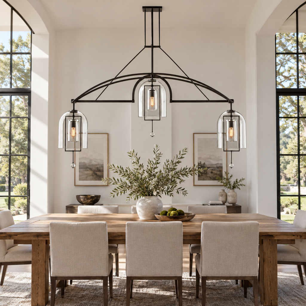 Fulcrum Linear Chandelier 85" 3-Light in a naturally lit American villa interior