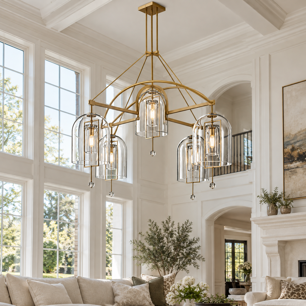 Fulcrum Round Chandelier 73" 5-Light in a naturally lit American villa interior
