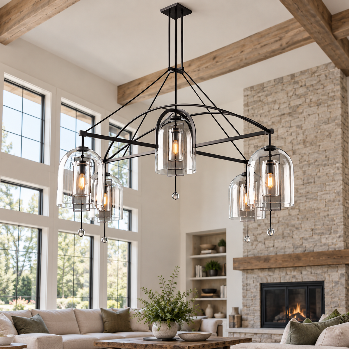 Fulcrum Round Chandelier 85" 5-Light in a naturally lit American villa interior
