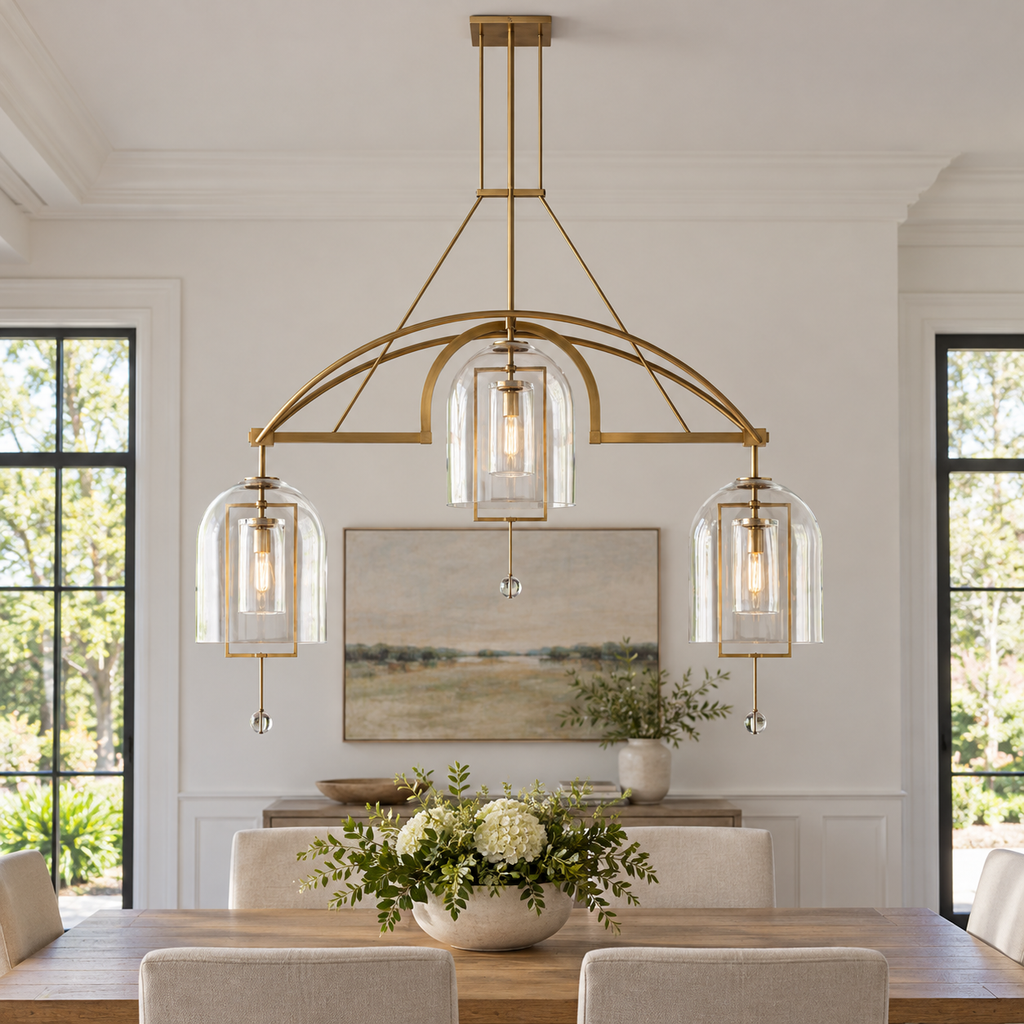 Fulcrum Linear Chandelier 61" 3-Light in a naturally lit American villa interior
