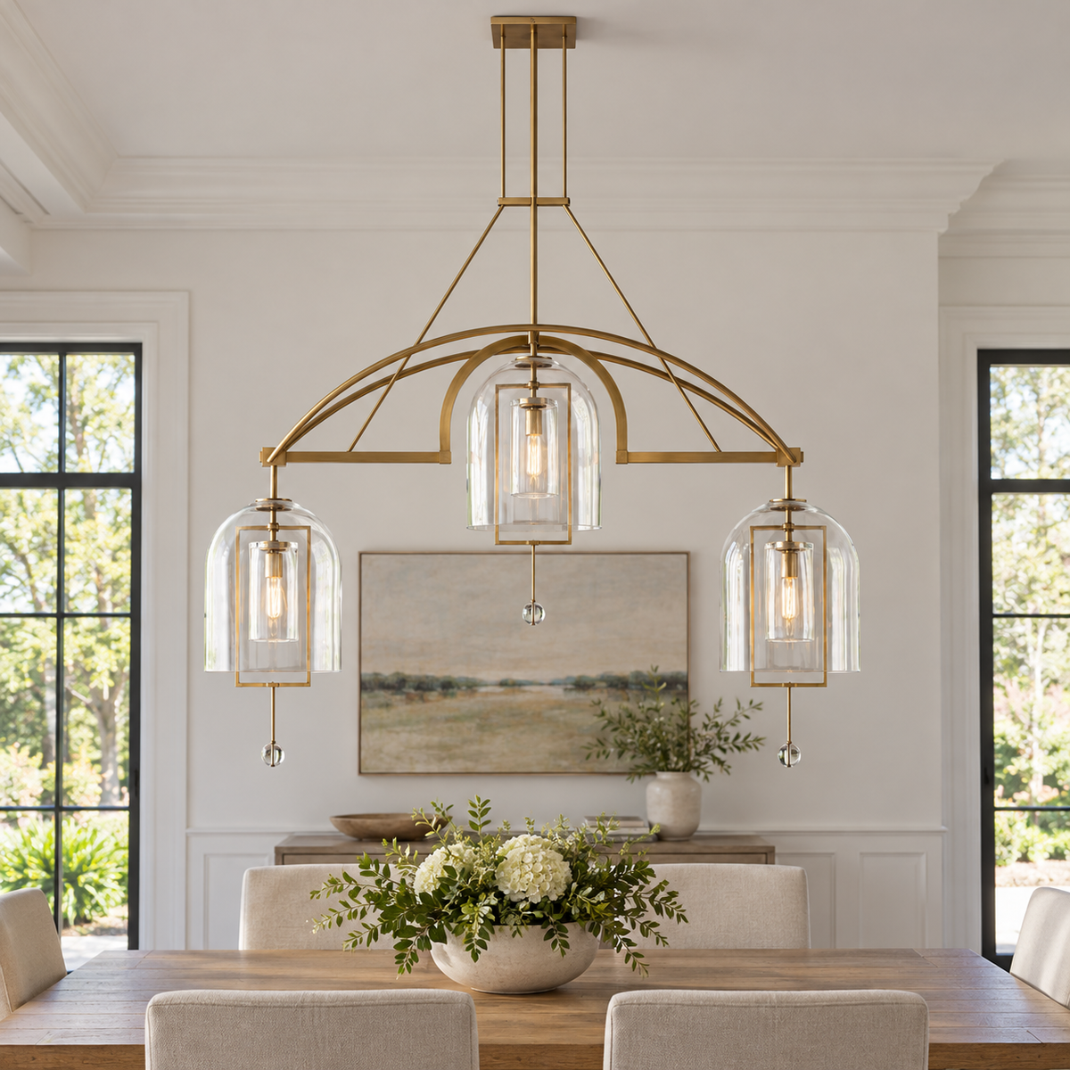Fulcrum Linear Chandelier 61" 3-Light in a naturally lit American villa interior