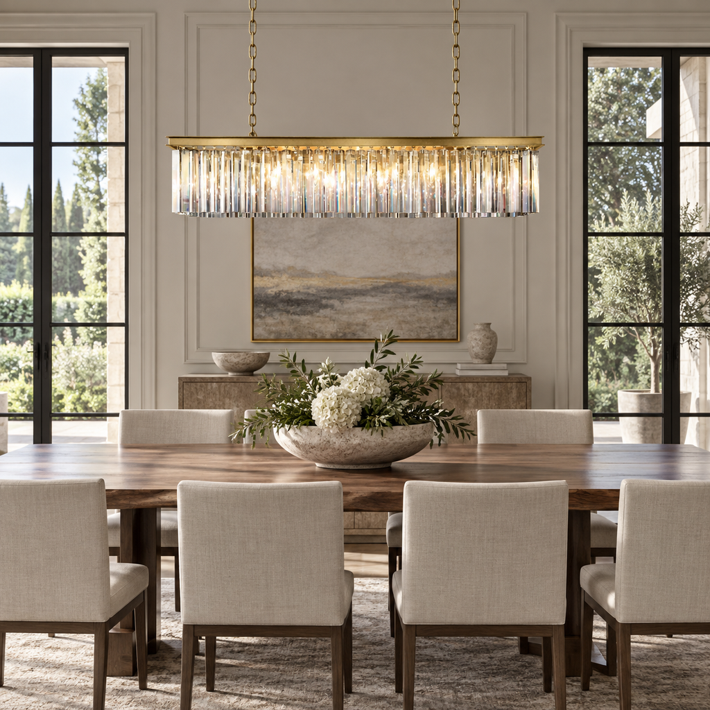 49-inch Odeon single-tier crystal linear chandelier above a dining table in a spacious home
