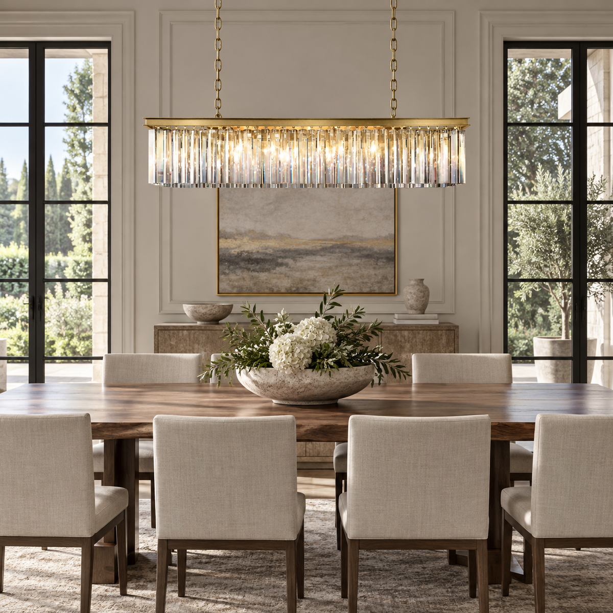 49-inch Odeon single-tier crystal linear chandelier above a dining table in a spacious home
