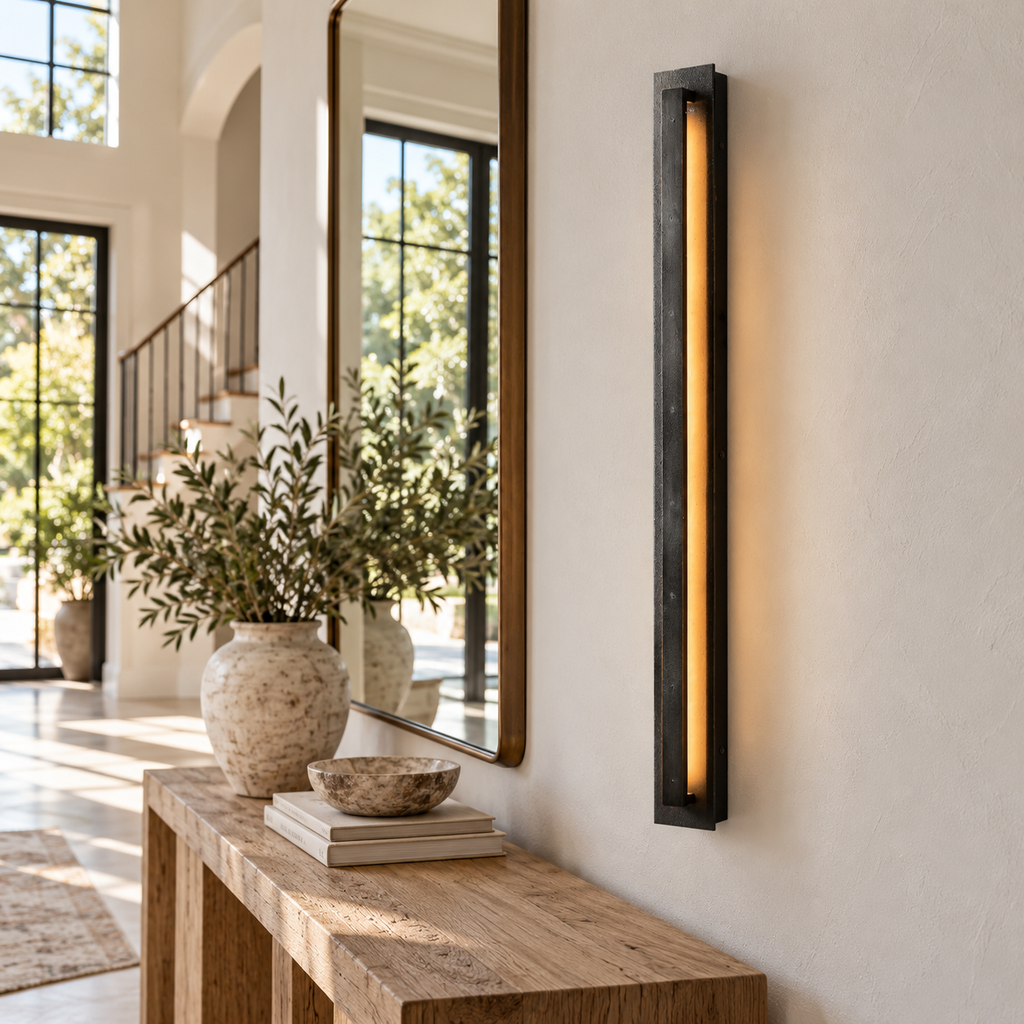 Peral matte-black vertical wall sconce beside an entryway console