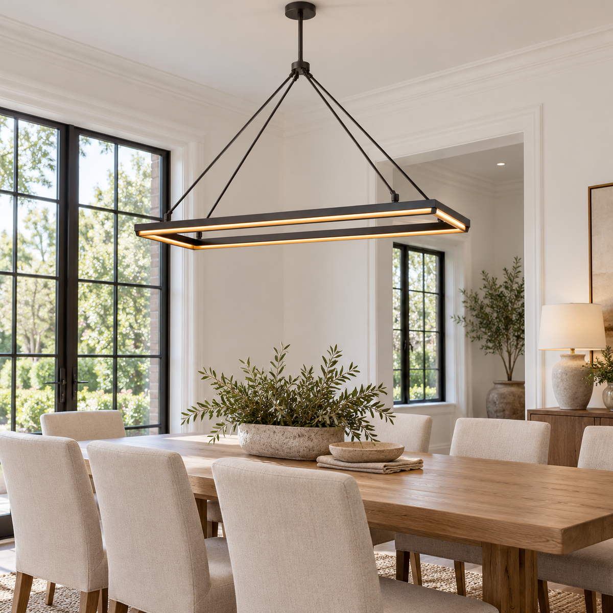 Peral iron rectangular chandelier above a dining table in a daylight-filled home