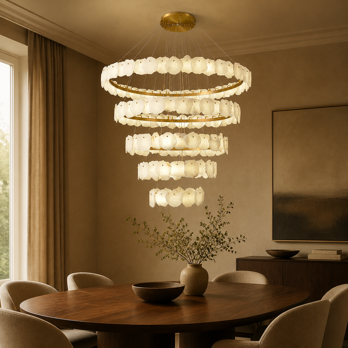 Modern Tiered Circular Alabaster Chandelier in a warm dining interior