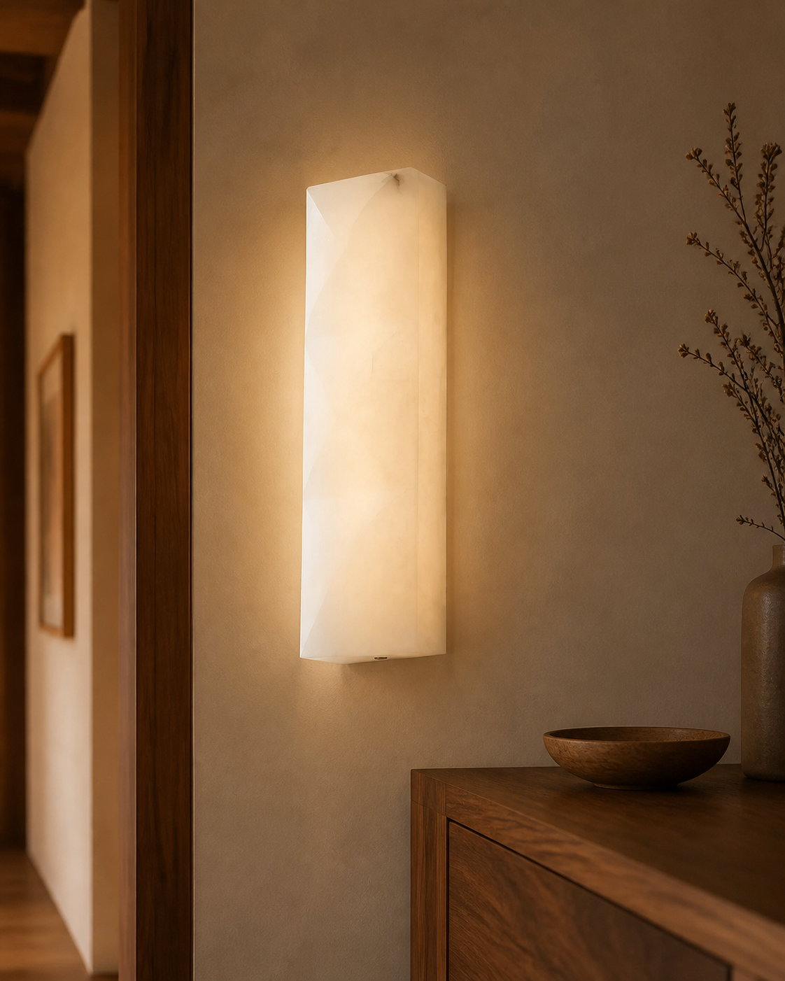 Prism Modern Alabaster Wall Sconce in a warm hallway interior