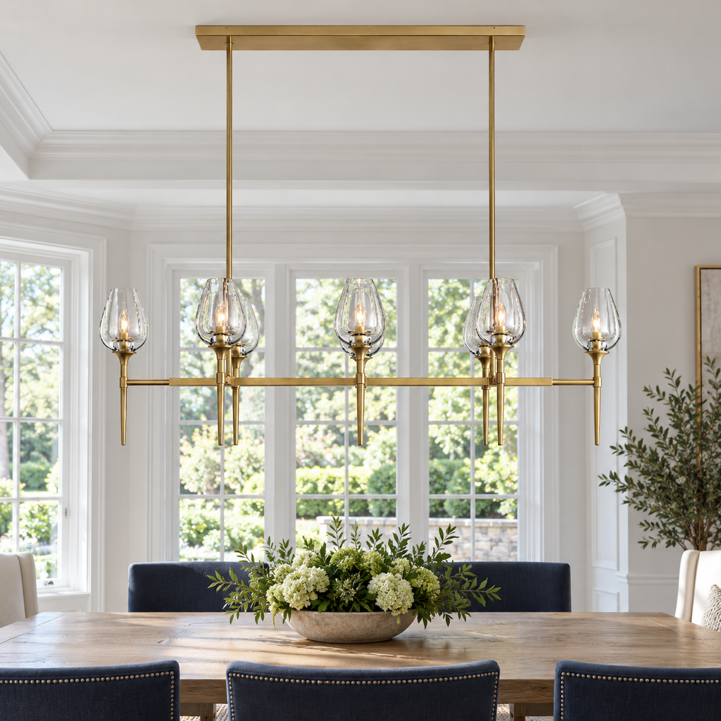 Tulip Linear Chandelier 52", Island Chandelier Over Kitchen Table in an American luxury home with natural daylight