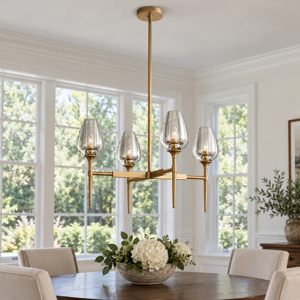 Tulip Round Living Room Chandelier 27", Island Chandelier in an American luxury home with natural daylight