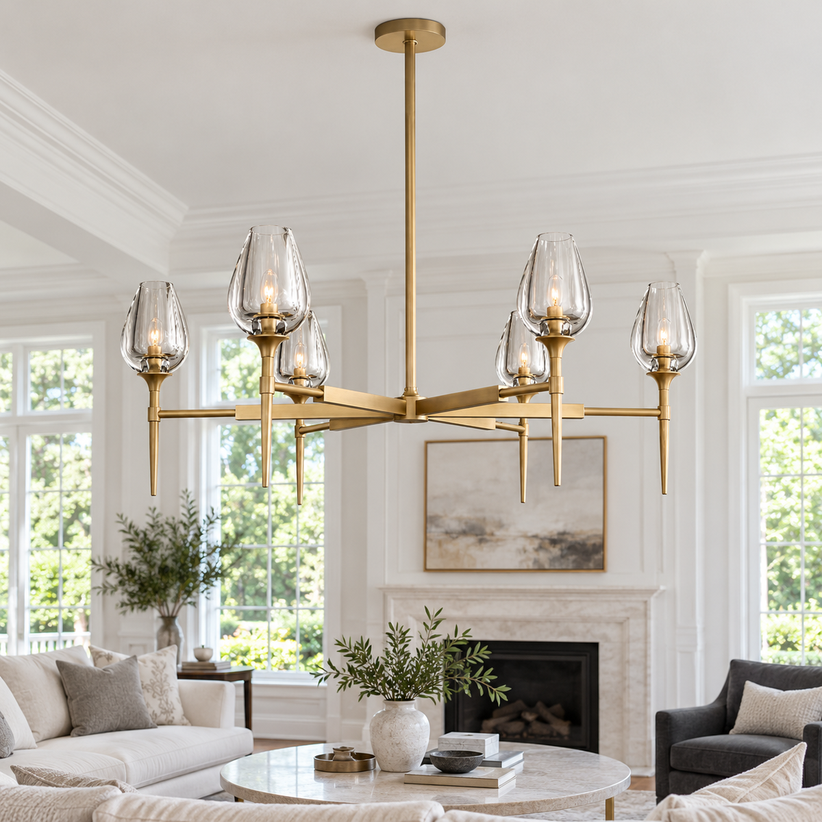 Tulip Round Living Room Chandelier 42" in an American luxury home with natural daylight